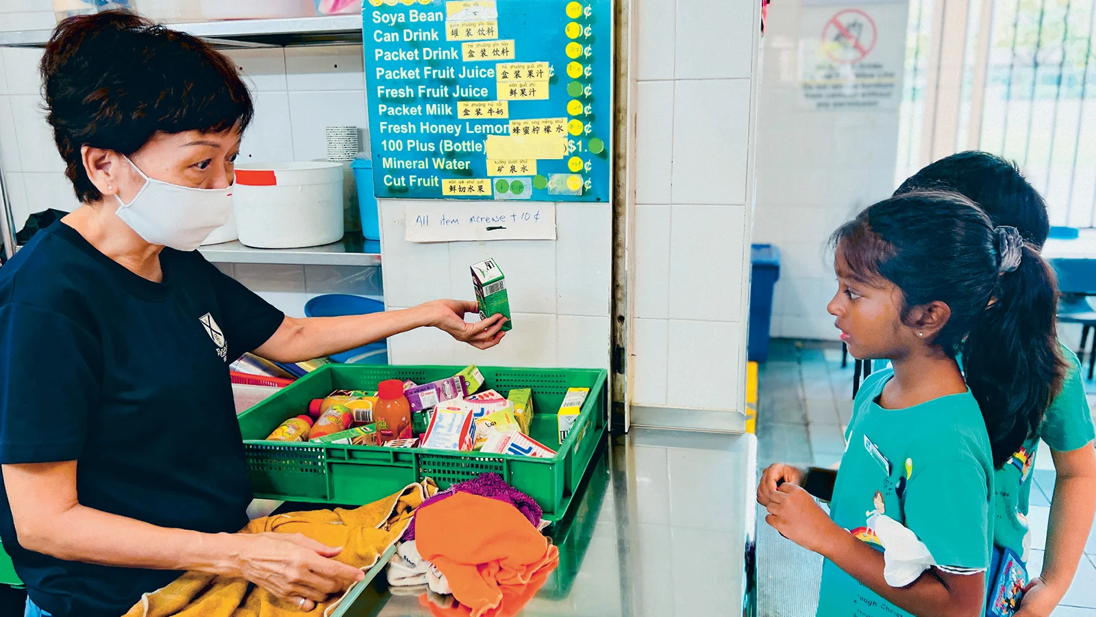 Kindergarten children visit a primary school canteen.